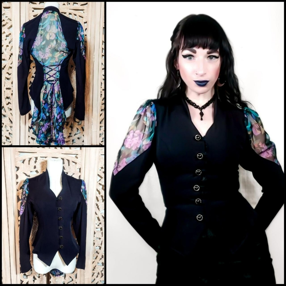 Vintage 1990s Puff Sleeve Long Train Corset Back Unique Victorian Blouse